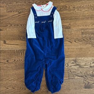 Baby Boden Royal Blue Velvet Overalls with Peter Pan Collar Top
